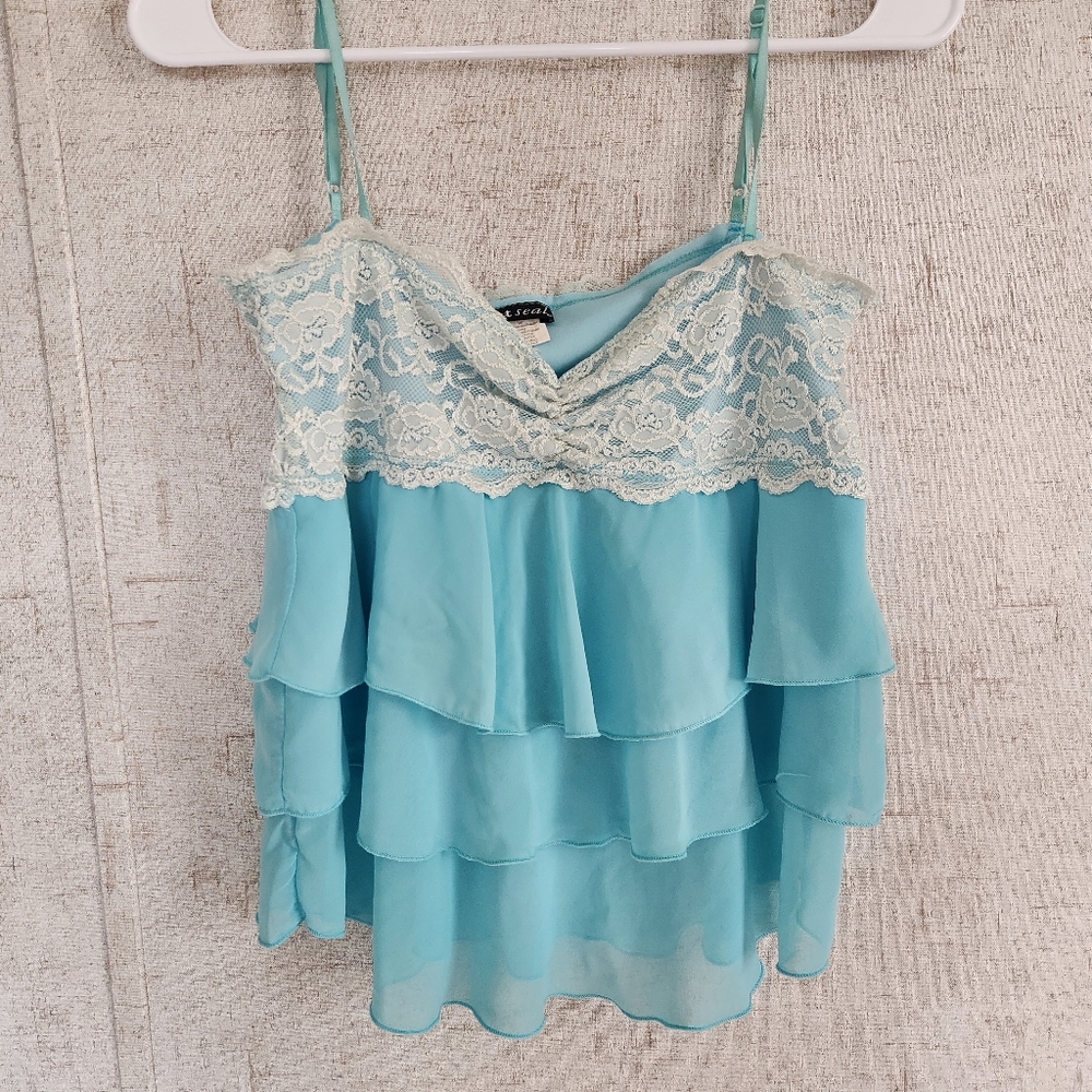 Wet Seal Light Blue Lace Trim Tiered Tank Top